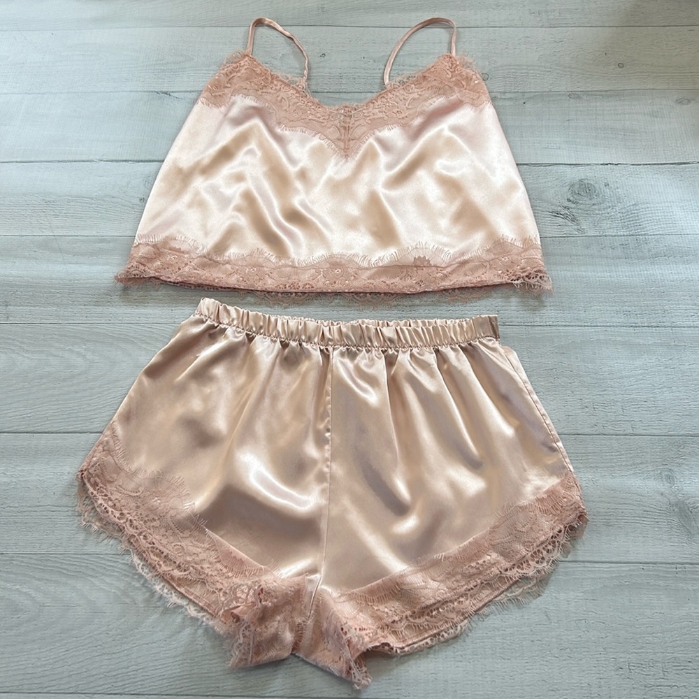 Boohoo Satin Pajama Coord Matching Set Chemise Tank Shorts US Size 8 Pink Lace